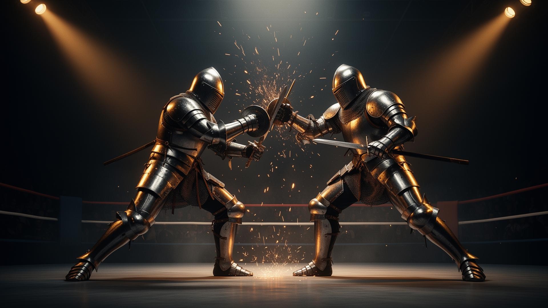 Two armored combatants clash in a spotlit arena, sparks flying